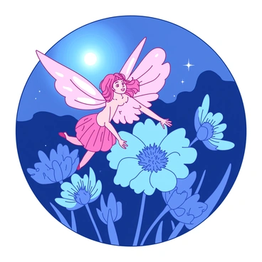 A pink flower fairy with delicate translucent wings is glowing softly under the blue moonlight. The fairy is perched on a large blue night-blooming flower, surrounded by various other flowers that are also open and glowing in the night. The flowers have intricate details, with petals that shimmer under the moon's light. A gentle breeze causes the petals to sway, enhancing the ethereal atmosphere of the scene.