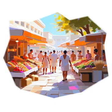 A bustling ancient Greek marketplace filled with vibrant activity. Various vendors are selling a colorful array of fresh produce, including ripe tomatoes, golden wheat sheaves, and bunches of grapes. Stalls are adorned with handmade crafts, such as pottery, woven textiles, and intricately carved wooden items. People, dressed in traditional tunics and sandals, are engaged in lively conversations as they browse the offerings. A stone pathway runs through the market, lined with small trees providing shade to the visitors. The atmosphere is lively, with the sounds of haggling and laughter filling the air.