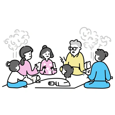 Elders telling traditional Chuseok stories to children gathered around them