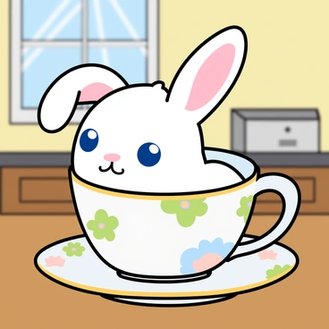 A small rabbit with soft white fur and large expressive blue eyes is nestled comfortably inside a delicate porcelain teacup. The teacup is decorated with colorful floral patterns and has a handle on the side. The rabbit appears curious, with its ears perked up and a slight tilt of its head. The teacup is placed on a wooden table, and there are hints of a cozy kitchen in the background, including a window with light streaming in. The scene is filled with a playful and whimsical atmosphere.