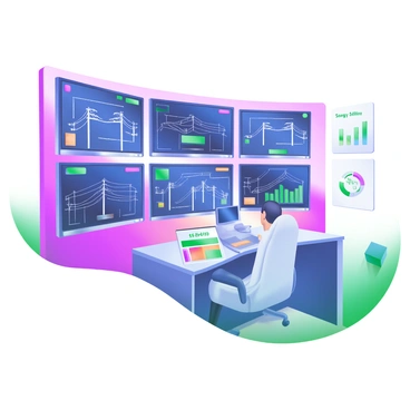 A modern pastel illustration of a control room filled with multiple monitors. Each monitor displays a detailed view of a smart grid network for energy distribution, showcasing interconnected lines and nodes. The control room features a large central desk with sleek, modern design. There are various colored graphs and indicators visible on the screens, illustrating energy flow and consumption statistics. The room has bright, ambient lighting, enhancing the focus on the monitors, and there are charts hanging on the walls that relate to energy efficiency. A person sits at the desk, attentively analyzing the data on one of the monitors.