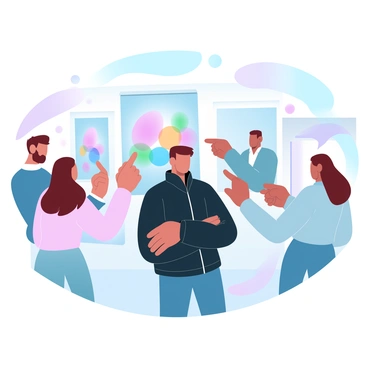 A stranger is standing in front of a large, colorful painting at an art show, taking a moment to appreciate its details. The stranger is wearing a dark jacket and has their arms crossed, deep in thought. Surrounding them are several other art enthusiasts, engaged in conversations and admiring various artworks. Some are pointing at the paintings, while others are discussing their thoughts, creating a lively atmosphere of appreciation for art. Various paintings, with vibrant colors and different styles, hang on the walls in the background.