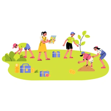 A group of four children, two boys and two girls, are actively searching for hidden treasures in a lush green park. The first boy, wearing a red cap and blue shorts, is crouched down, peering beneath a bush. The second girl, with pigtails and a yellow dress, holds a colorful map, pointing excitedly to the next location. The other boy, sporting a green t-shirt and shorts, is climbing a small tree, while the second girl, in overalls and a pink t-shirt, is digging in the sand at a playground. Brightly colored treasure chests and shiny coins are scattered around the park, adding to the excitement of the scavenger hunt.