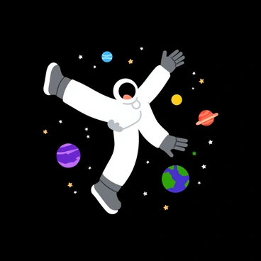 An astronaut wearing a white space suit floats gracefully in the blackness of space. The astronaut is mid-stretch, performing a “thread-the-needle” pose with one leg extended and arms reaching outward. Surrounding the astronaut are twinkling stars that sparkle against the deep space backdrop. Various colorful planets, including a blue and green Earth, a red Mars, and a giant gas planet with swirling clouds, can be seen in the distance, adding to the vibrant cosmic scenery. The scene captures both the vastness of space and the delicate balance of the astronaut's movement.