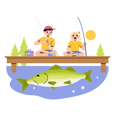 Two kids sitting on a wooden dock, with one boy and one girl. The boy has short brown hair and is wearing a bright red cap, while the girl has long blonde hair tied in a ponytail and is wearing a yellow t-shirt. Both kids have fishing rods in their hands, eagerly leaning over the edge of the dock. Below them, a large-mouth bass with shiny green scales and a wide mouth swims gracefully in the clear water, its fins spread wide. The sun is shining brightly, creating sparkling reflections on the water's surface. In the background, a few trees line the shore, and a small fishing tackle box is placed next to the kids on the dock.