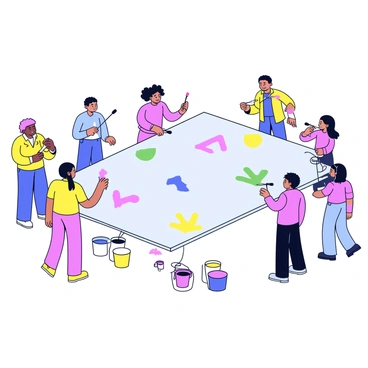 A large, flat public art installation set in an urban area. The piece is designed like a canvas, with a smooth surface. Surrounding the installation are several small containers filled with various colors of paint. People of different ages and backgrounds are gathered around, each holding paintbrushes. They are actively painting and adding "gender symbols" of diverse styles onto the surface of the installation. The scene captures a sense of community engagement and creativity, with bright colors contrasting against the neutral background of the installation.