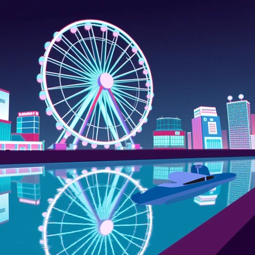 A vibrant evening scene of Kobe Harborland featuring a large ferris wheel with colorful lights illuminating the structure. The lights of the ferris wheel create a dazzling reflection on the calm water below, creating a vivid contrast with the darkening sky. Surrounding the waterfront are modern buildings adorned with bright signage and lanterns, enhancing the lively atmosphere of the harbor. A few boats are gently bobbing in the water, their silhouettes outlined against the city lights. The scene captures the essence of an energetic urban environment as night falls.