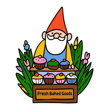 A garden gnome with a long white beard and a red pointy hat is running a tiny bakery stand. The gnome has a cheerful expression and is wearing a blue apron. The bakery stand is filled with an assortment of colorful pastries and cupcakes, each decorated with bright icing and sprinkles. The stand has a small sign that reads "Fresh Baked Goods" in playful lettering. In the background, there are lush green plants and flowers surrounding the stand, creating a vibrant garden setting. The scene conveys a sense of whimsy and joy.