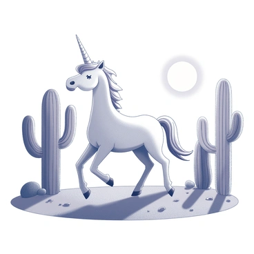 A unicorn stands in a desert landscape. The unicorn has a shimmering white coat and a spiraled horn atop its head. Surrounding the unicorn are tall cacti, each with distinct shapes and spikes, casting long shadows on the ground. The sun is setting in the background, with its rays creating a gradient effect in the sky, just at the horizon. The ground is textured with sands and small rocks, adding depth to the scene.