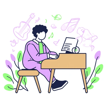 A young musician sits at a wooden piano, focused on composing music. The musician has curly hair and is wearing a casual shirt. Surrounding the musician, musical notes are depicted as green and purple buds, sprouting from the ground and floating in the air. The piano has a few sheets of music resting on it, and a metronome is placed nearby. The background is filled with faint outlines of additional musical instruments, like a guitar and a violin, enhancing the musical atmosphere.