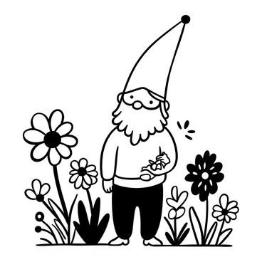 A quirky garden gnome with a tall, pointy hat and a long beard stands among a variety of flowers. The gnome is holding a small shovel in one hand and has a playful posture. The surrounding blossoms are of various shapes and sizes, with intricate details on the petals and leaves. Some flowers are tall, while others are short and bushy, creating a lively garden scene. The ground is covered with lush grass, adding to the vibrant environment.