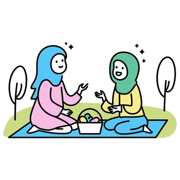 Two Muslim girls wearing colorful hijabs are sitting on a picnic blanket spread out on green grass in the park. They are smiling and laughing together while holding various snacks. One girl has a blue hijab and is wearing a light pink dress, while the other girl has a green hijab and is dressed in a yellow top and jeans. A small basket filled with fruits and snacks is placed between them, and there are trees in the background, adding to the outdoor setting. Their joyful expressions convey a sense of friendship and companionship.