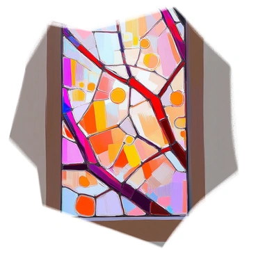 A stained glass window showcasing an intricate design that mimics the vibrant colors and patterns of blood vessels. The window features rich hues of red, deep purple, and bright blue, interwoven with delicate shapes resembling capillaries and veins. Each segment of glass captures light, creating a dynamic interplay of color that highlights the complexity of the vascular system. The patterns flow seamlessly across the window, drawing the viewer's gaze as they appreciate the detailed craftsmanship and vibrant hues.