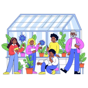 A greenhouse filled with vibrant magical plants of various shapes and colors. In the center, a diverse group of three students, two girls and one boy, are carefully tending to the plants. One girl with long brown hair is watering a luminescent blue flower, while the other girl with curly blonde hair is trimming the leaves of a tall, twisting green plant. The boy, with short dark hair, is sketching the plants in a notebook. An elderly professor with glasses and a long grey beard is observing them, standing beside a large, leafy plant. The greenhouse has tall glass walls that allow sunlight to stream in, illuminating the scene.