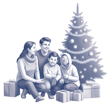 Festive holiday decorations illustrated over a family photo taken during a Christmas celebration.