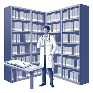 A doctor stands in the center of a library filled with shelves filled with medical books. The doctor is wearing a white lab coat and has a stethoscope draped around their neck. The shelves are tall and filled with various volumes and journals, some stacked horizontally and others arranged vertically. A large wooden table nearby holds an open book, with notes and medical instruments placed on it. Dim lighting casts gentle shadows across the room, creating a focused atmosphere for study and research.