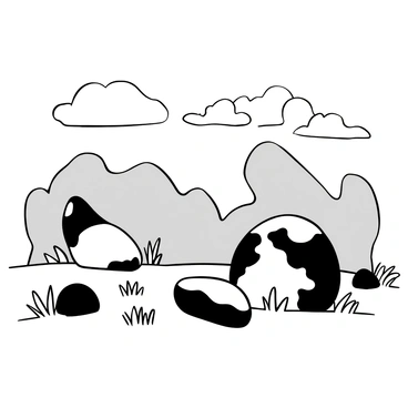 A landscape featuring large moss-covered rocks scattered throughout the scene. The rocks vary in size and shape, some protruding prominently from the ground, while others are partially hidden by patches of moss. Surrounding the rocks, there are tufts of grass and small plants interspersed among them. Above, a cloudy sky fills most of the background, with varying shades of gray creating a sense of depth and texture. The clouds are dense and layered, casting soft shadows across the landscape.