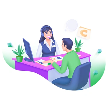 A friendly customer service representative with a warm smile is standing behind a sleek desk. The representative is wearing a professional outfit and has a name tag visible. The desk is equipped with a computer, a phone, and a notepad. A customer, looking pleased, is sitting in front of the desk, engaged in conversation. In the background, there are potted plants adding a touch of greenery to the scene. Bright lighting illuminates the area, creating a welcoming atmosphere.