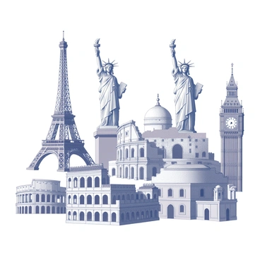 An illustration board displays a collage featuring famous city landmarks from around the world. The collage includes the "Eiffel Tower" from Paris, with its iron lattice structure prominently highlighted. The "Statue of Liberty" stands tall, symbolizing freedom, with intricate details of its draped robe. The "Colosseum" in Rome showcases its ancient architecture with arched openings and weathered stone. The "Taj Mahal" is depicted with its iconic dome and surrounding gardens, emphasizing its symmetrical beauty. The "Big Ben" clock tower is shown with its ornate clock face and Gothic architecture, standing prominently against a backdrop. Each landmark is presented with careful attention to architectural details, creating a cohesive visual narrative of iconic structures.