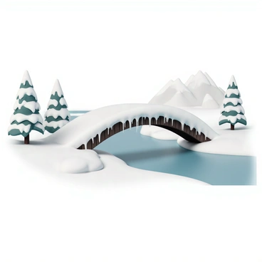 A wooden bridge covered in snow and ice, arching over a frozen river