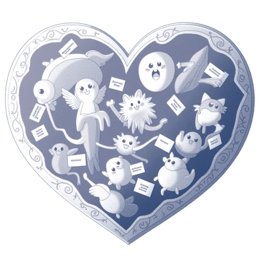 A heart shape filled with various fantasy creatures. Each creature is distinct in appearance, showcasing unique features like wings, tails, or scales. Small labels are attached to each creature, identifying their name and origin in clear lettering. The heart has an intricate border that enhances its whimsical nature, filled with swirls and patterns. The background is simple and enhances the focus on the heart and its contents.
