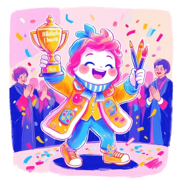 A cheerful mascot character is depicted in a dynamic pose, wearing a colorful outfit adorned with various art supplies, such as brushes and palettes. The mascot has a wide smile and sparkling eyes, showcasing a vibrant personality. Its oversized head is shaped like a trophy, with a shiny gold finish and intricate engravings that read "Illustration Award." Surrounding the mascot are playful elements like confetti, ribbons, and small illustrations of various styles, emphasizing the award show theme. The background features subtle hints of an audience applauding in excitement.