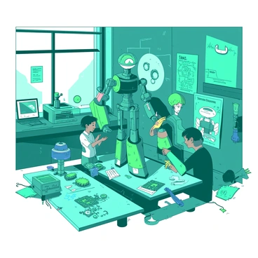 A teal futuristic lab is filled with children actively building quirky robots. Various gadgets are scattered around the lab, including colorful circuit boards, glowing tools, and mechanical parts. The walls are adorned with posters of famous inventors and blueprints of robot designs. In the center, a group of kids are collaborating on a tall robot with oversized limbs and a playful face. Some robots are partially assembled, showcasing bright wires and gears. Large windows let in ample light, illuminating the vibrant and energetic atmosphere of creativity and innovation.