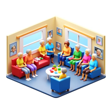 A welcoming elderly care home with a bright, open common area featuring comfortable chairs and colorful decorations. In the center, a group of staff members, dressed in uniforms, engages in a friendly conversation with several elderly residents, who are sitting and smiling. Some residents are participating in a group activity, such as playing a board game or engaging in arts and crafts. The walls are adorned with photographs of the residents, showcasing their vibrant lives. Large windows allow natural light to illuminate the space, creating a warm and inviting atmosphere.