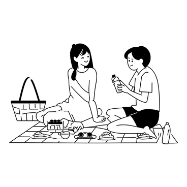 A girl sitting on a checkered blanket in a park, smiling as she enjoys her picnic. She has long hair tied in a ponytail and is wearing a summer dress. Beside her is a friend, who has short hair and is wearing a t-shirt and shorts. They are surrounded by an array of snacks, including sandwiches, fruit, and a bottle of lemonade. A picnic basket is open nearby, and a few small plates are placed on the blanket.