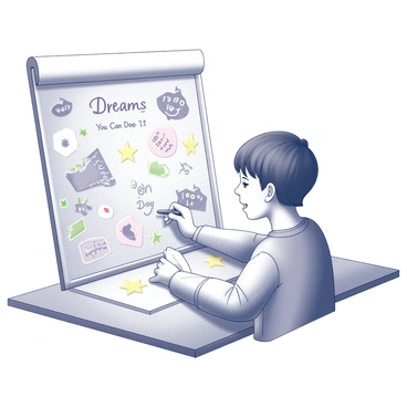 A child focused on writing down their goals on a poster board. The child is seated at a table, holding a pen in one hand while the other hand rests on the vibrant poster board covered with a variety of motivational images and stickers. The poster displays phrases like "Dream Big" and "You Can Do It," surrounded by drawings of stars, hearts, and inspirational symbols. The child is smiling, displaying enthusiasm and concentration as they carefully inscribe their aspirations.