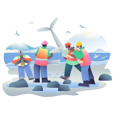 A group of workers is assembling a tidal energy turbine on a rocky shore during low tide. The workers are wearing safety helmets and bright orange vests. Two of them are lifting a large metal component of the turbine, while another is using a wrench to secure it in place. The rocky shoreline is exposed, with patches of wet sand and small tidal pools visible. In the background, gentle waves are lapping against the rocks, and there is a clear blue sky above. Several seagulls are flying overhead, and distant hills can be seen along the horizon.