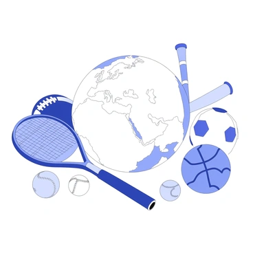 A globe is placed prominently in the center of the composition. Surrounding the globe are various pieces of sports equipment. There are footballs arranged at one side, featuring distinct stitching and patterns. Next to the footballs, there are tennis rackets with their strings clearly visible, resting on the ground. In addition, a basketball is positioned nearby, showcasing its textured surface. A baseball bat lies across from the tennis rackets, with a baseball placed next to it. Further, a soccer ball is nestled among the other equipment, emphasizing the global theme of sports. The arrangement is balanced, with each piece of equipment distinctly recognizable.