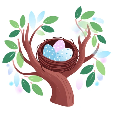 A bird's nest is perched on a sturdy tree branch, woven tightly from twigs and leaves. Inside the nest, there are three speckled eggs, each displaying unique patterns of dots and colors. The tree branch is thick and textured, with vibrant green leaves surrounding the nest, creating a natural frame. Sunlight filters through the foliage, casting gentle shadows and illuminating the delicate eggs within the nest.