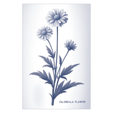 A vintage-style botanical poster depicting "calendula flowers" prominently at the center. The flowers are illustrated with intricate details showcasing their unique petal structure and leafy stems. Each flower is labeled with its scientific name in an elegant font, positioned beneath or beside the blooms. The background is subtly textured to enhance the vintage feel, resembling aged paper. Various stages of the calendula plant are included, from budding to full bloom, to provide a comprehensive visual study of the species.