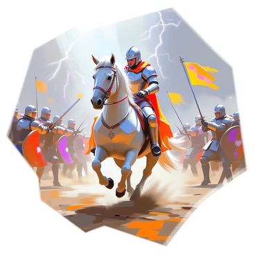 A dynamic battle scene featuring a powerful horse clad in shimmering, magical armor. The horse is in motion, galloping forward with a determined expression. Its armor glows with intricate runes and symbols, reflecting the surrounding chaos. In the background, warriors clad in various armors clash with swords and shields, raising dust and debris into the air. The sky is filled with dark clouds, and flashes of lightning illuminate the intense struggle. The horse's mane flows majestically, and its hooves kick up dirt as it charges into the fray.