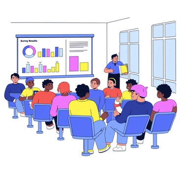 A group of residents seated in a spacious town hall. The individuals are diverse in age and ethnicity, each displaying expressions of curiosity and anticipation. Some are leaning forward in their seats, while others are taking notes on clipboards. In front of them, a presenter stands beside a large screen displaying colorful charts and graphs with the heading "Survey Results." The room is filled with rows of chairs and has large windows allowing natural light to pour in.