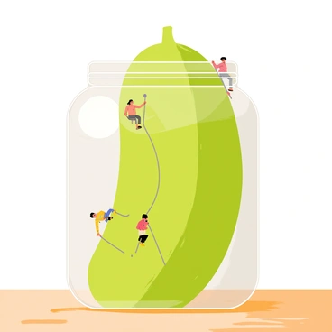 A giant green pickle inside a transparent glass jar sits on a wooden table. Tiny people are seen climbing on the surface of the pickle, with some using ropes and others scaling the ridges. The jar is filled with a light brine, and the lid is slightly opened. Sunlight filters through the jar, casting shadows on the table beneath. Each tiny person is dressed in colorful outfits, and their expressions show determination as they ascend the pickle like a mountain.