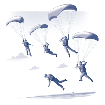 Several skydivers are in free fall, descending rapidly through an expansive sky. Each skydiver is wearing a jumpsuit and a helmet, showcasing a mix of different colors and designs. As they plummet, parachutes are deployed above them, beginning to open and unfurl. The parachutes are large, billowing canopies that catch the wind, slowing the descent. The background features a vast expanse of sky with scattered clouds, while distant ground elements, such as fields or forests, can be faintly seen below.