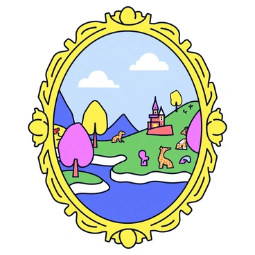 A large mirror with an intricate, gold-colored ornate frame, featuring floral motifs and scrollwork along the edges. The reflective surface of the mirror displays a vibrant, fantasy world filled with colorful trees, fantastical creatures, and whimsical architecture. The contrast between the detailed frame and the imaginative landscape creates a striking visual effect.