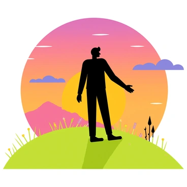 A person standing on a grassy hill, their body forming a dark silhouette. The sky is filled with vibrant colors of orange, pink, and purple as the sun sets on the horizon. The person has their arms slightly raised, creating an open pose. Fluffy clouds are scattered across the sky, catching hues from the sunset. The hill is gently sloped, covered in patches of green grass and wildflowers.