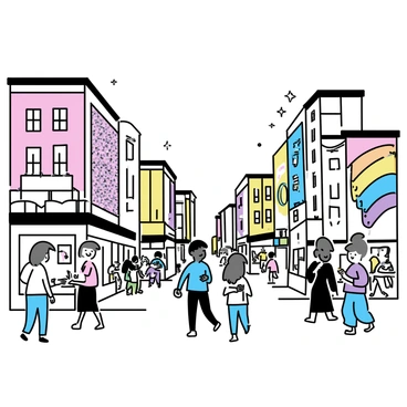 A busy city street filled with people walking. Tall buildings line both sides of the street, each featuring colorful decorations in rainbow motifs. Some buildings display vibrant patterns, while others have large murals showcasing different colors of the rainbow. People of diverse backgrounds are interacting; some are shopping in small stores, while others are sitting at outdoor cafes. The street is lively with the presence of street performers adding to the bustling atmosphere.