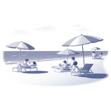 A beach scene with a sandy shore extending into the distance. Several beachgoers are positioned on the sand, lounging on towels and reclining on beach chairs. Each person has a unique beach umbrella providing shade overhead. The umbrellas vary in patterns and shapes, creating a vibrant atmosphere. Some individuals are reading books, while others are enjoying snacks or chatting with friends. The sky is clear, with a few distant clouds adding texture, and the gentle waves of the ocean lap at the shoreline.