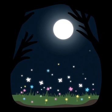 A dark sky illuminated by a bright "full moon" casting a soft glow. In the foreground, a multitude of "glowing fireflies" fluttering around, creating a magical atmosphere. Silhouetted trees frame the scene, with their branches gently swaying in the night breeze. The ground is a mix of green grass and small, colorful flowers, some of which reflect the moonlight. The entire setting evokes a sense of enchantment under the night sky.