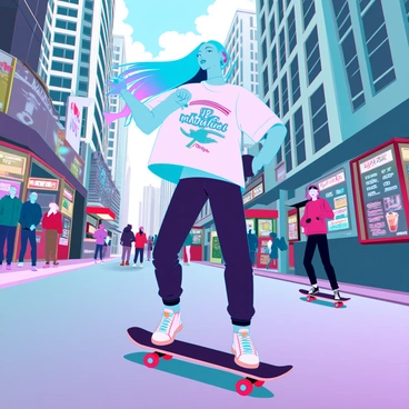 A vibrant-haired anime girl with striking blue and pink hair is skateboarding through a bustling urban scene. She is wearing a stylish, oversized graphic t-shirt and colorful sneakers, with her hair flowing behind her as she moves swiftly. The city around her is filled with tall, modern buildings, neon signs, and busy pedestrians. In the background, there are food stalls and people enjoying their day, while graffiti art adds splashes of color to the environment. The sunlight reflects off the pavement, enhancing the lively atmosphere of the scene.