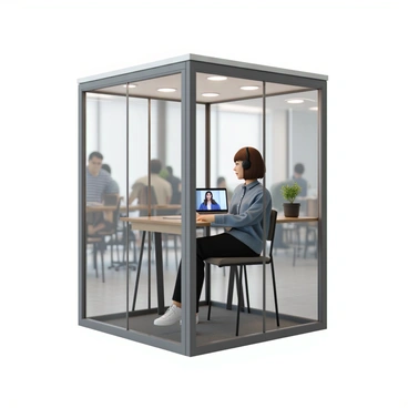 A soundproof phone booth in a modern coworking space, constructed from glass and metal, with a sleek, contemporary design. Inside the booth, a person with medium-length brown hair is sitting on a minimalist chair. They are dressed in a blue button-up shirt and wearing headphones. The booth features soft, ambient lighting and a small shelf with a potted plant. Through the glass walls, you can see the bustling coworking area filled with people working at desks and using laptops. The person inside the booth is focused on a video call, with a laptop open in front of them displaying a video feed.