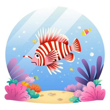 A lionfish with long, venomous spines is swimming gracefully through a colorful underwater scene. The fish displays its distinctive red and white striped pattern. Surrounding the lionfish is an array of vibrant coral reefs in various shades of pink, purple, and orange, with intricate textures. Small schools of tropical fish in bright colors dart among the corals, and shafts of sunlight filter through the water above, illuminating the scene. The sandy ocean floor is visible in the background, adding to the rich underwater environment.