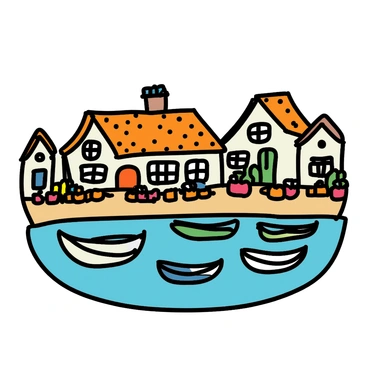 A quaint seaside village featuring small fishing boats gently bobbing in the water, surrounded by charming cottages with thatched roofs and colorful flower boxes, all illustrated with intricate pen and ink details.