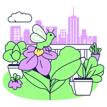 A schmetterling is perched gently on a vibrant flower in a city rooftop garden. The flower has large, colorful petals that contrast with the greenery surrounding it. In the background, there are several potted plants and small trees, creating a lush atmosphere. The skyline of the city is visible in the distance, with tall buildings standing against a clear sky. The schmetterling's wings are spread open, displaying its intricate patterns and details. Sunlight casts soft shadows, enhancing the serene ambiance of the garden.