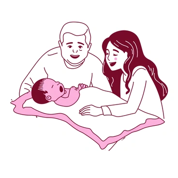 A newborn baby with soft, delicate features is lying on a white hospital blanket, taking their first breath. The baby has a gentle expression, and the mouth is open in a small cry. Nearby, two parents are kneeling beside the baby, with expressions of joy and relief on their faces. The father has tears of happiness glistening on his cheeks, while the mother is smiling widely, her eyes sparkling with emotion. The scene captures the moment of new life, filled with love and warmth.