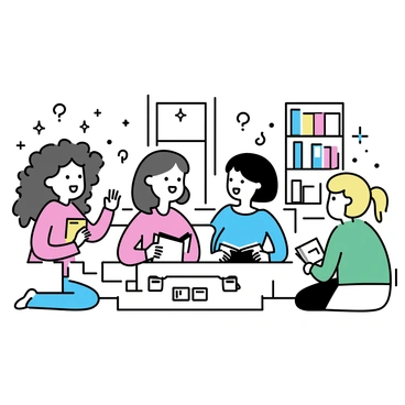 A group of four women is seated in a cozy living room. One woman, with long curly hair, is wearing a red sweater and holding a book, animatedly sharing her thoughts. Another woman, with straight black hair, is listening intently while wearing a blue blouse. The third woman, with short hair and glasses, is leaning forward, engaged in the conversation, dressed in a green cardigan. The fourth woman, with blonde hair in a ponytail, is sitting cross-legged on the floor, taking notes in a notebook. Bookshelves filled with colorful books line the walls of the room, and a coffee table in front of them displays mugs and a few open books. The atmosphere is lively and filled with energy as they discuss their favorite reads.